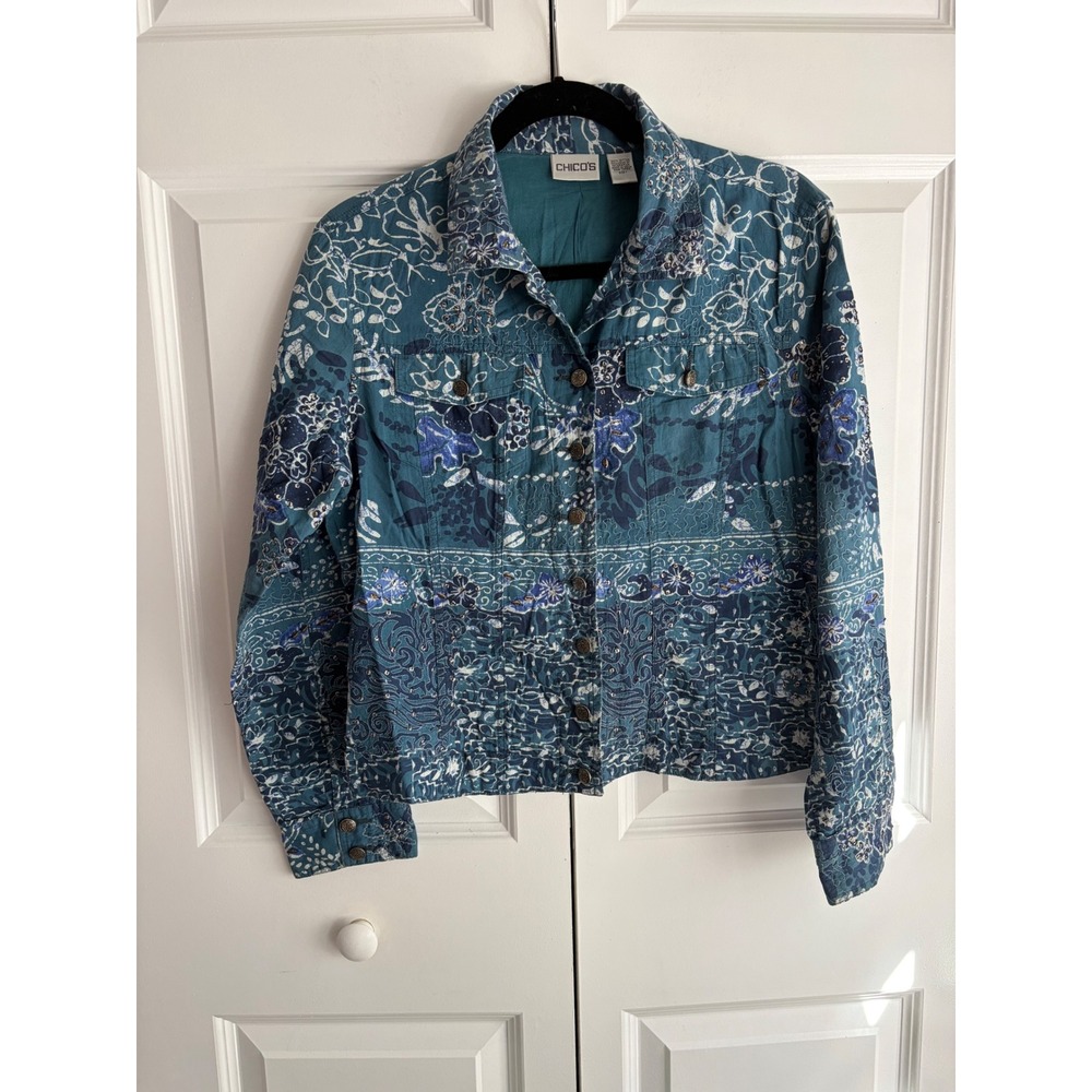 Chico's Blue Teal Floral Batik Cotton Jacket Sequin Embroidered Size 1 Medium